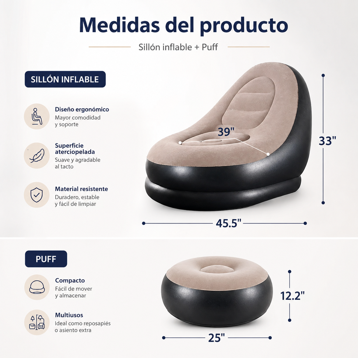 SILLÓN INFLABLE PORTÁTIL CON REPOSAPIÉS