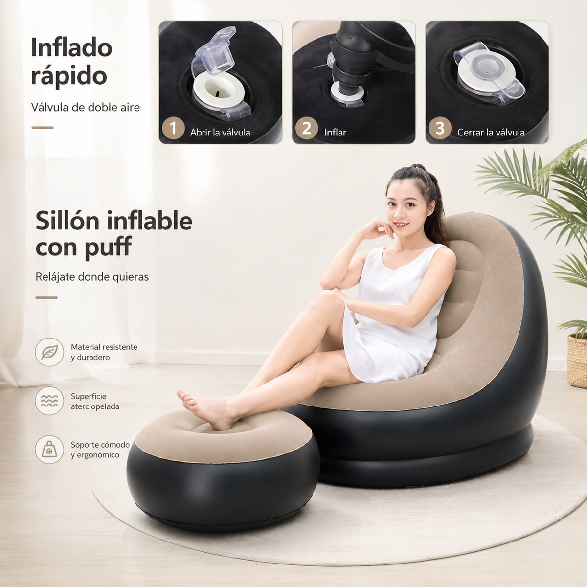 SILLÓN INFLABLE PORTÁTIL CON REPOSAPIÉS