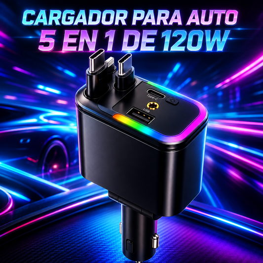 CARGADOR PARA AUTO 5 EN 1 DE 120W