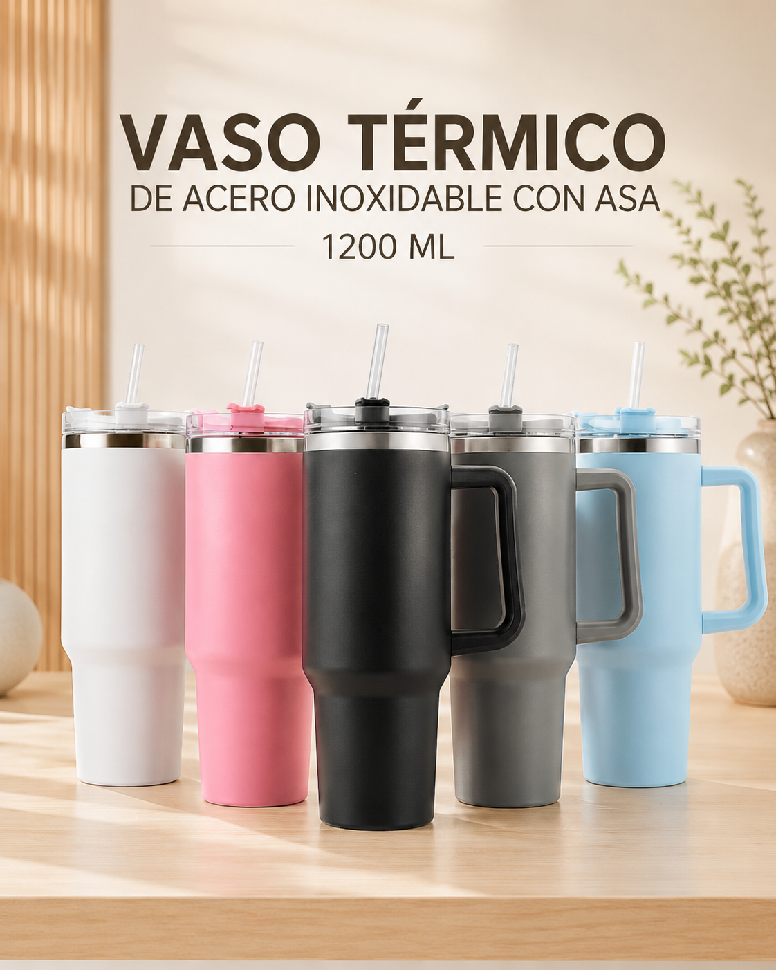 VASO TÉRMICO DE ACERO INOXIDABLE CON ASA 1200 ML