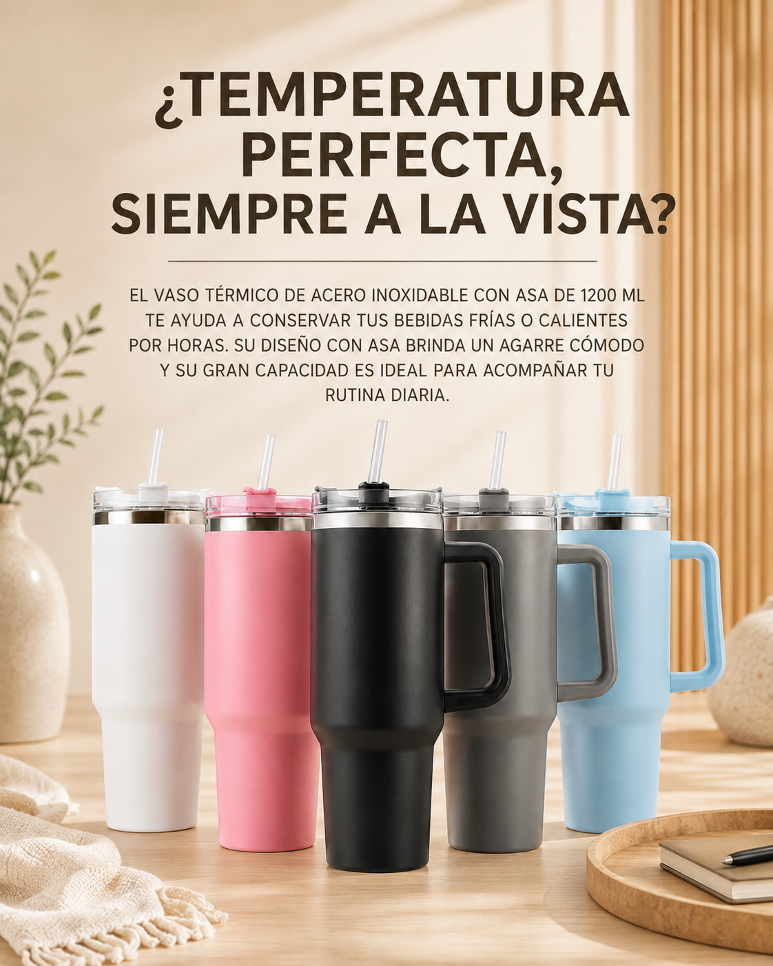 VASO TÉRMICO DE ACERO INOXIDABLE CON ASA 1200 ML
