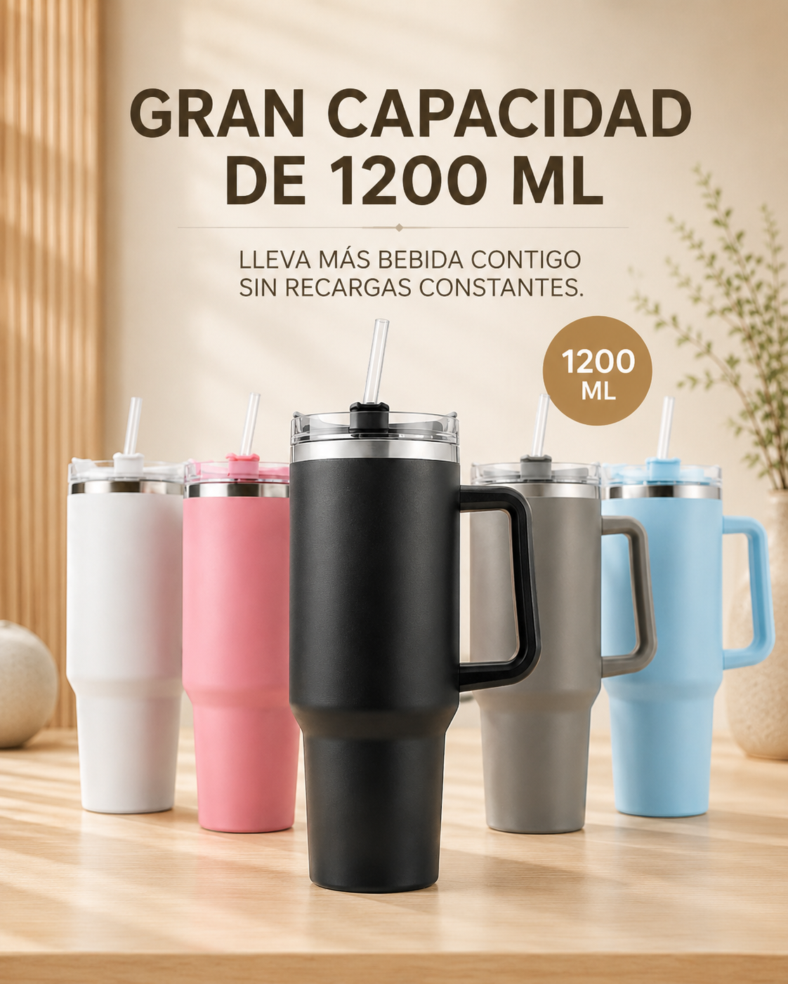 VASO TÉRMICO DE ACERO INOXIDABLE CON ASA 1200 ML
